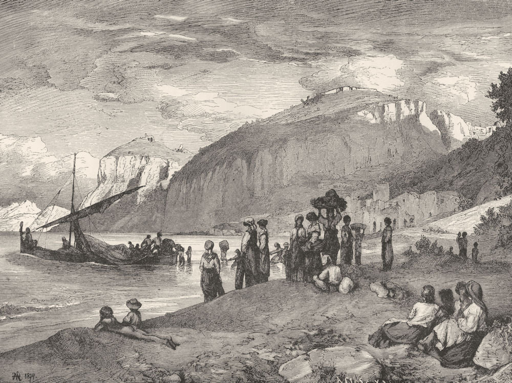 ITALY. Arrival of a Market Boat, Capri 1877 old antique vintage print picture